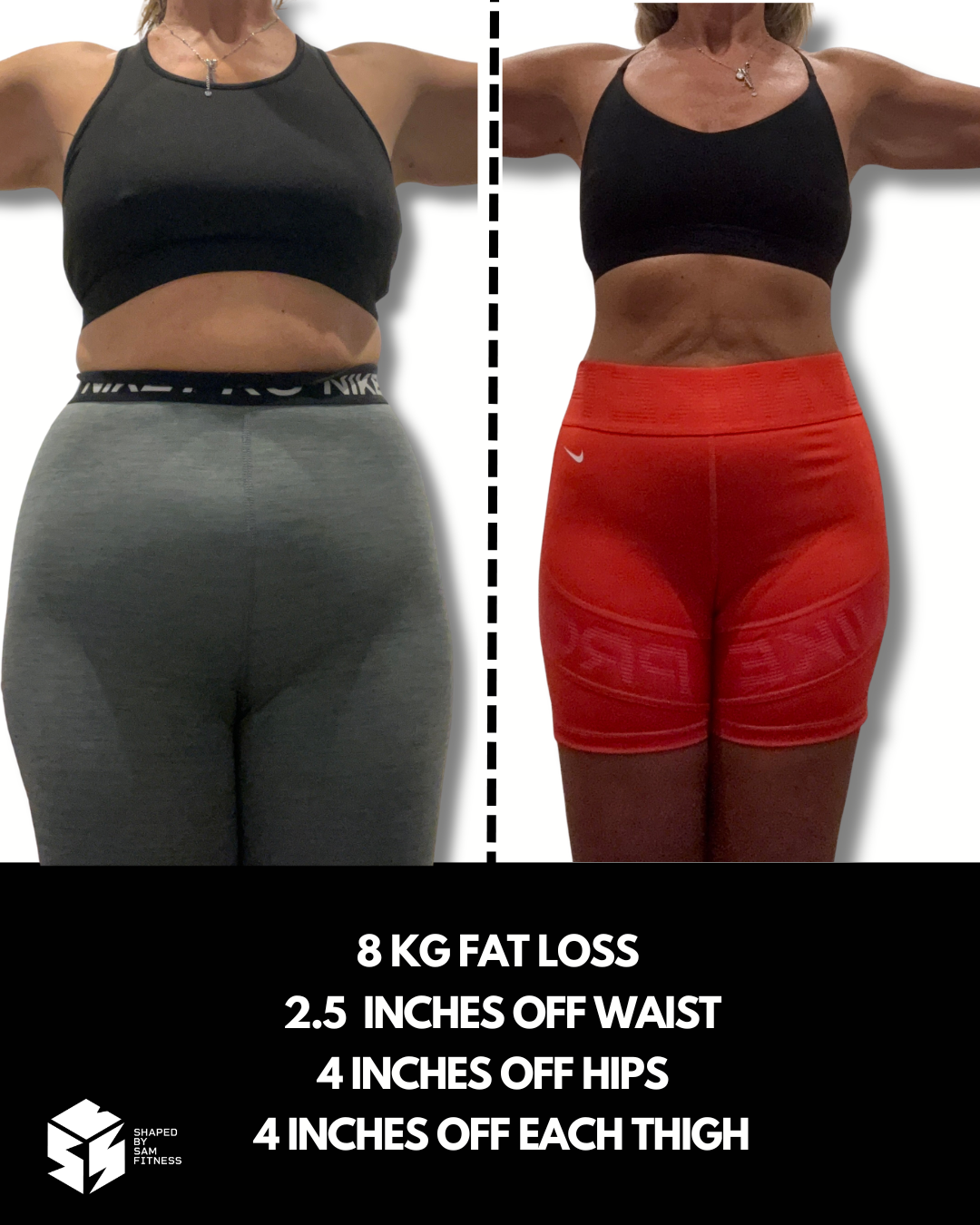 Client transformation — 8kg fat loss, 4 inches off hips