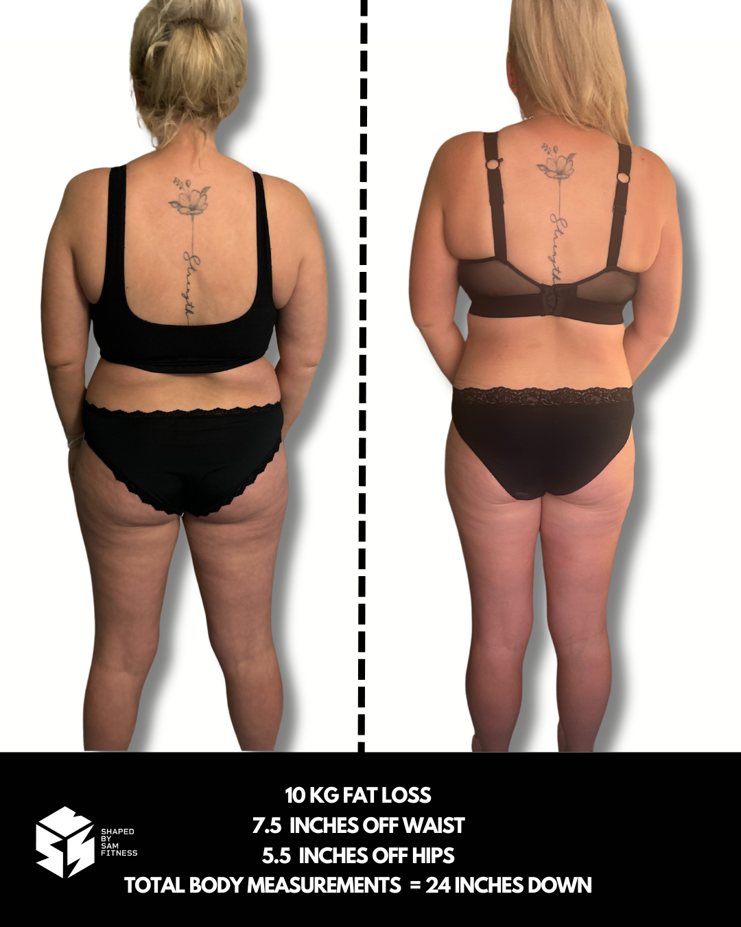 Client transformation — 10kg fat loss, 24 inches down
