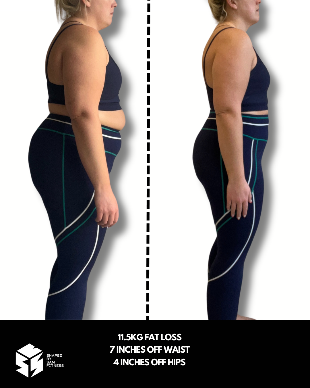 Client transformation — 11.5kg fat loss, 7 inches off waist