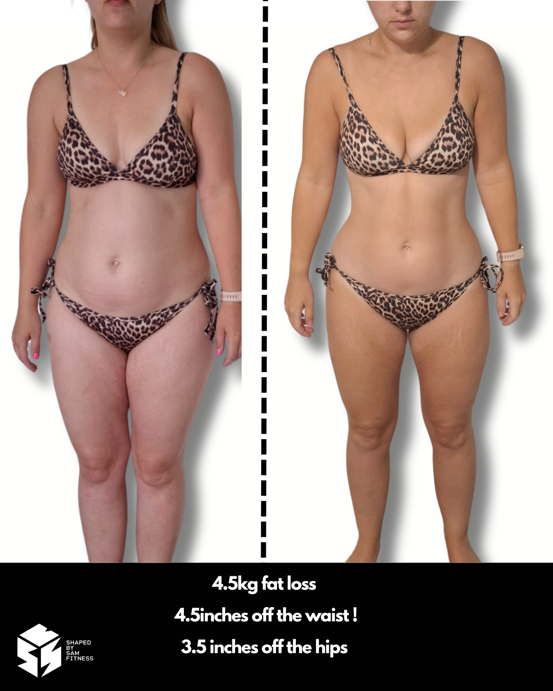 Client transformation — 4.5kg fat loss, 4.5 inches off waist