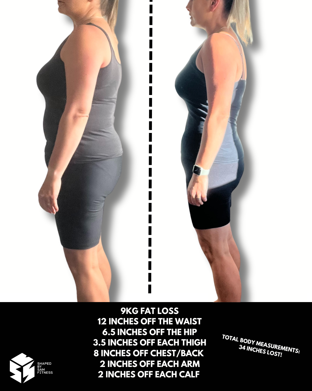 Client transformation — 9kg fat loss, 34 inches total body measurements lost