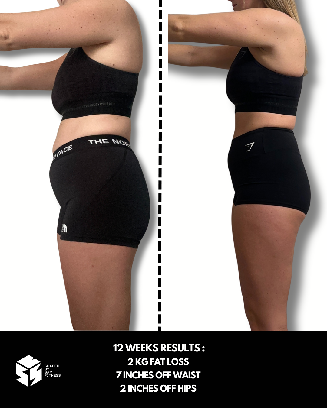 Client transformation — 12 weeks, 7 inches off waist