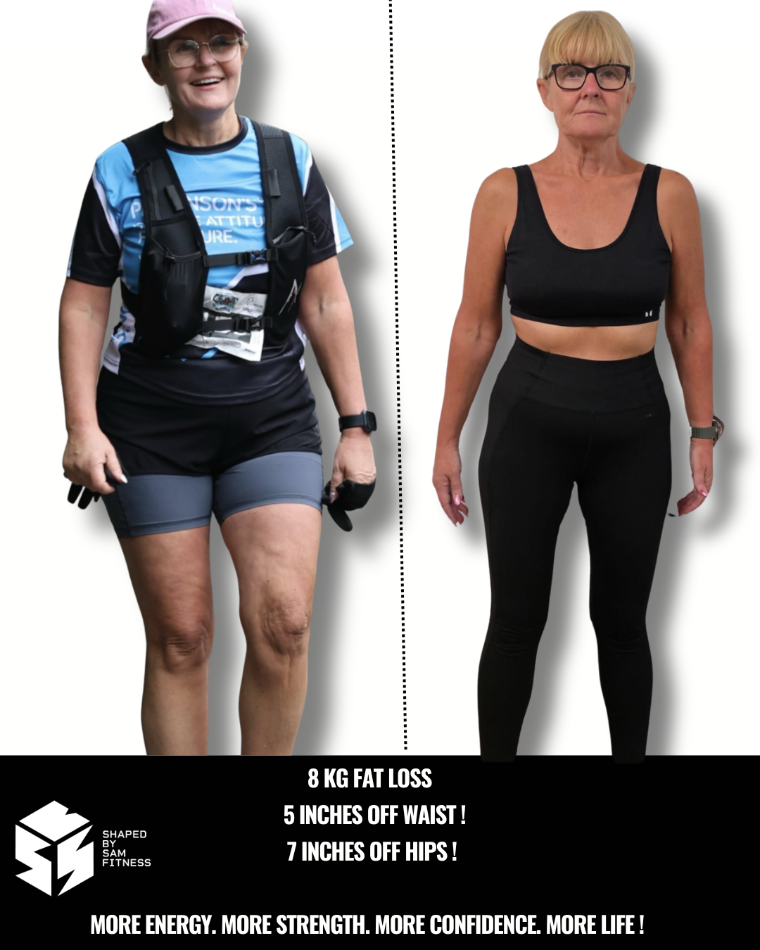 Client transformation — 8kg fat loss, 5 inches off waist, 7 inches off hips