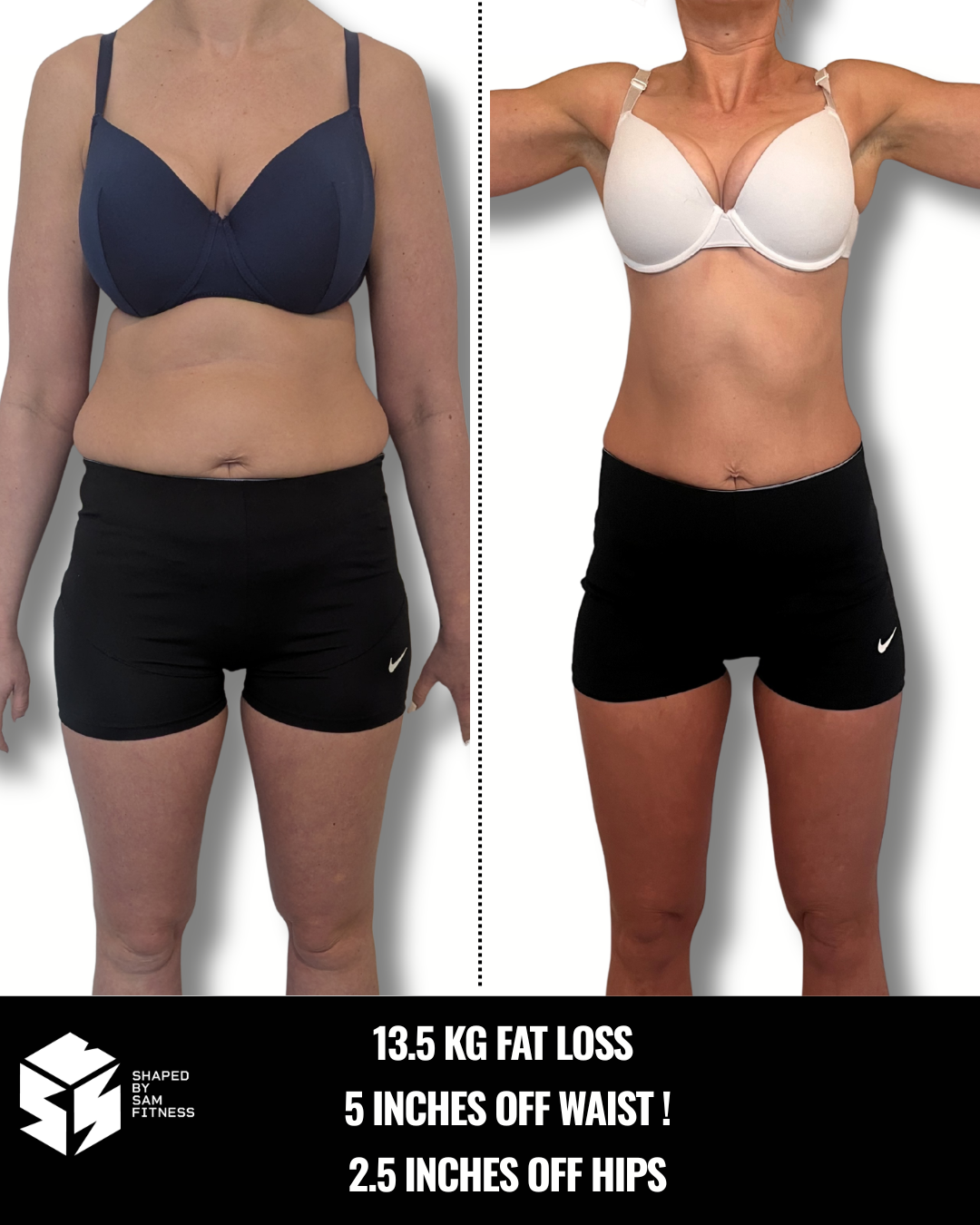 Zoe transformation front — 13.5kg fat loss, 5 inches off waist