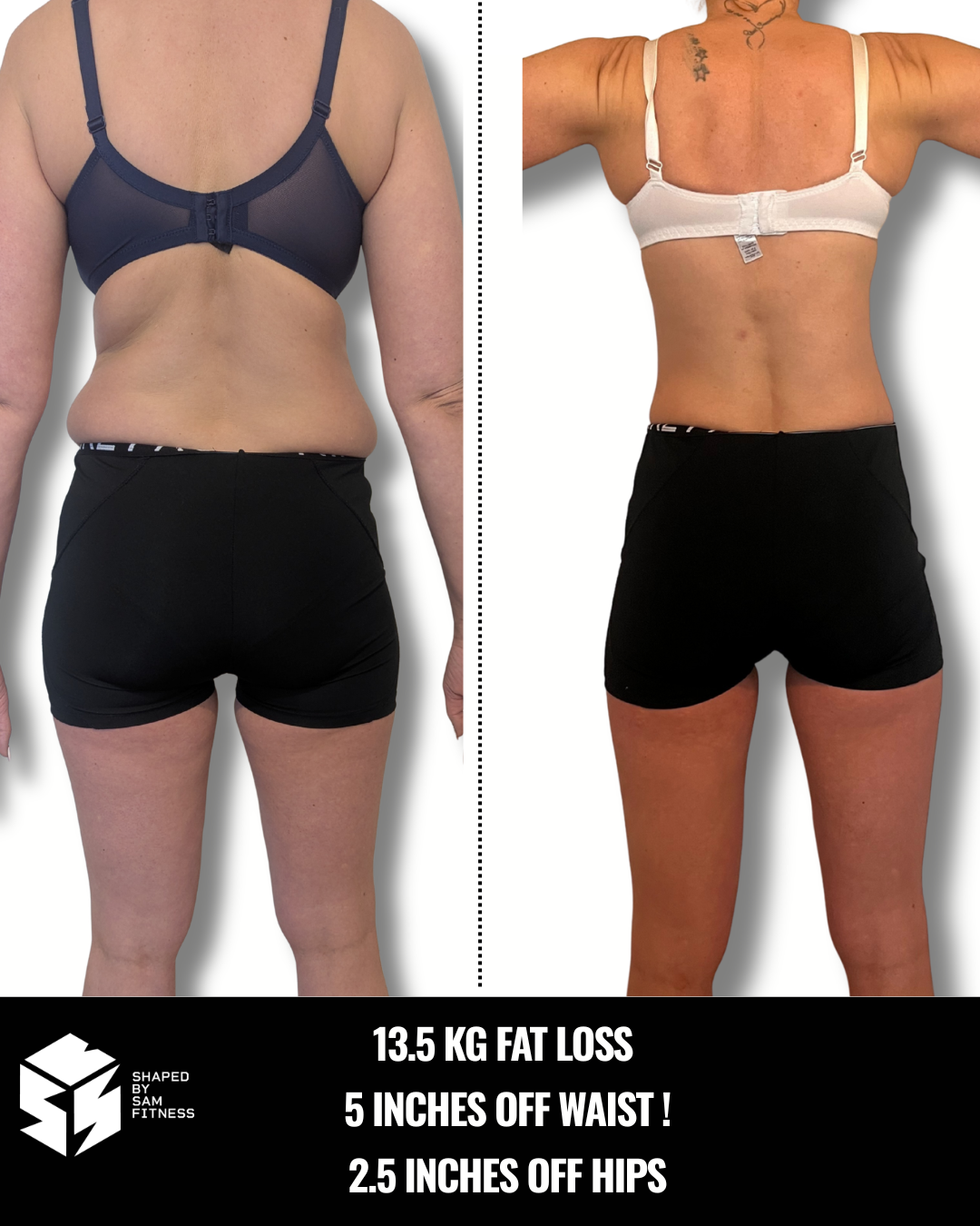 Zoe transformation back — 13.5kg fat loss, 2.5 inches off hips